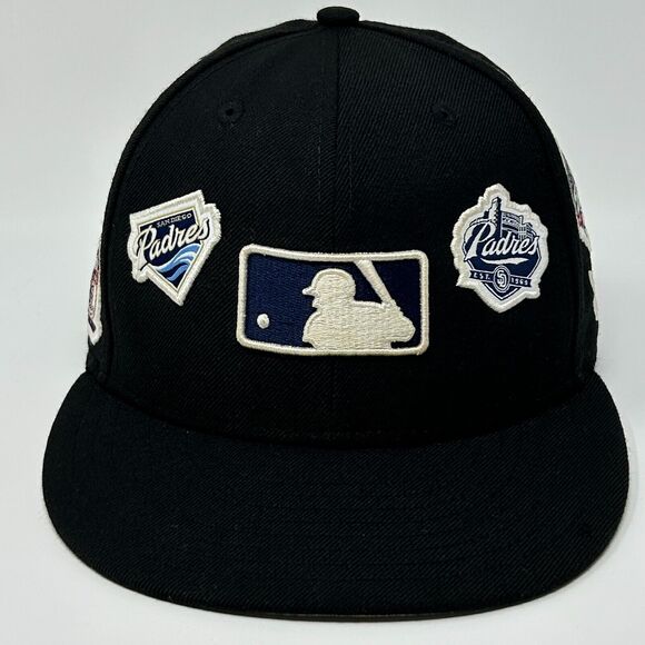 San Diego SD Padres Hat Baseball Cap Fitted 7 5/8 New Era Logo History Black - Picture 12 of 12
